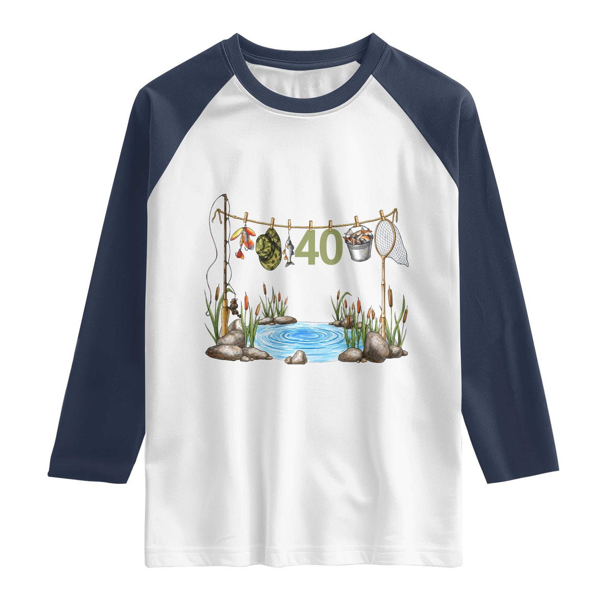 40th Birthday Fishing Raglan Shirt Fisherman Birthday Party Gift TS12 White Navy Print Your Wear