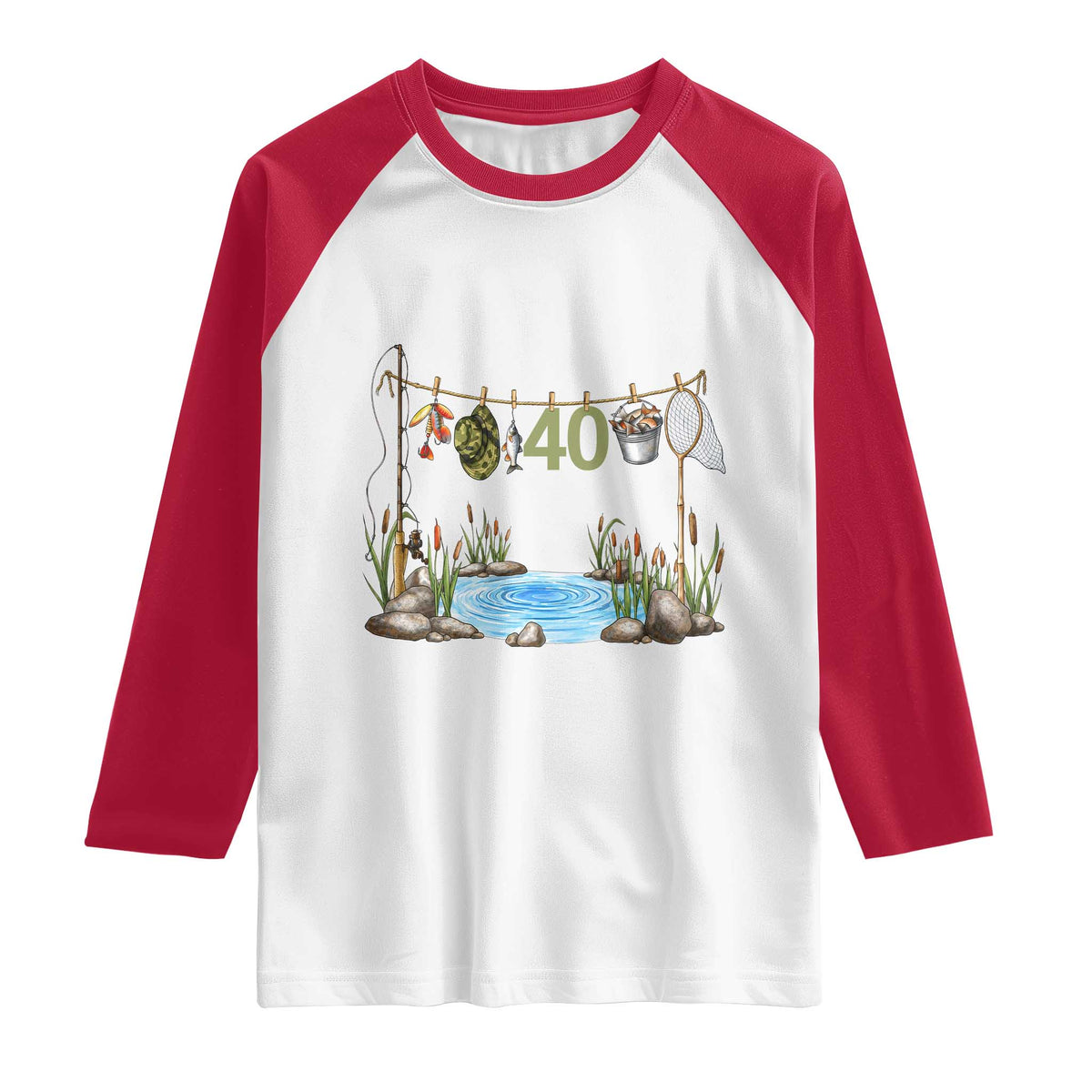 40th Birthday Fishing Raglan Shirt Fisherman Birthday Party Gift TS12 White Red Print Your Wear