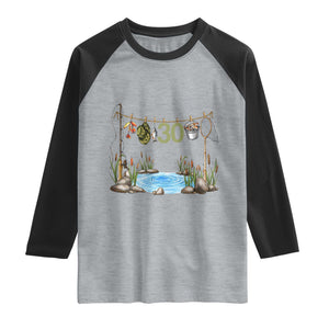 30th Birthday Fishing Raglan Shirt Fisherman Birthday Party Gift TS12 Heather Gray Black Print Your Wear