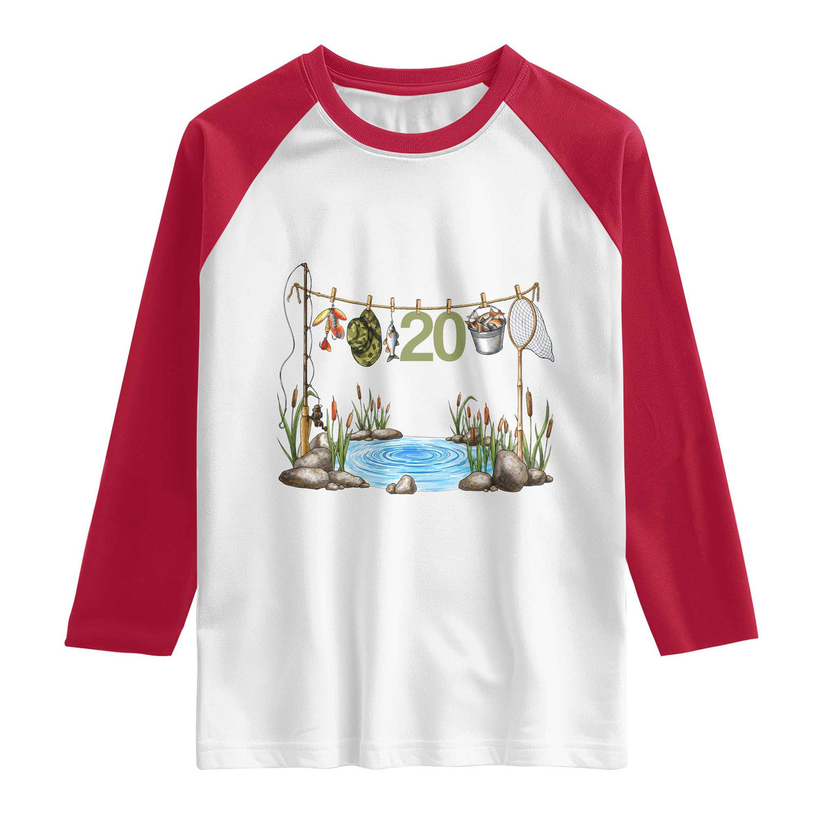 20th Birthday Fishing Raglan Shirt Fisherman Birthday Party Gift TS12 White Red Print Your Wear