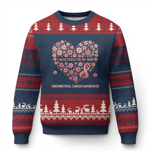 Endometrial Cancer Family Support Ugly Christmas Sweater I Wear Peach For My Mom