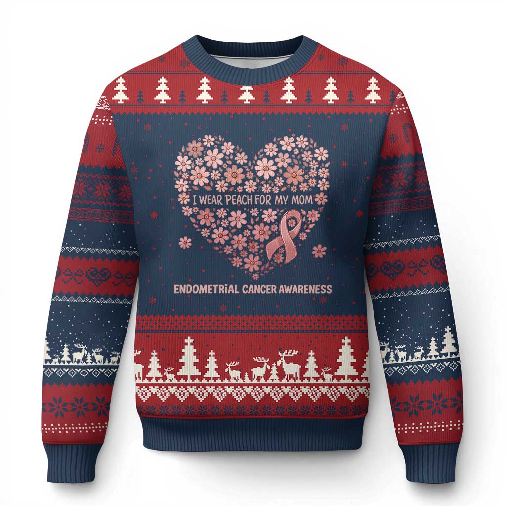 Endometrial Cancer Family Support Ugly Christmas Sweater I Wear Peach For My Mom TS12 Navy Red Print Your Wear