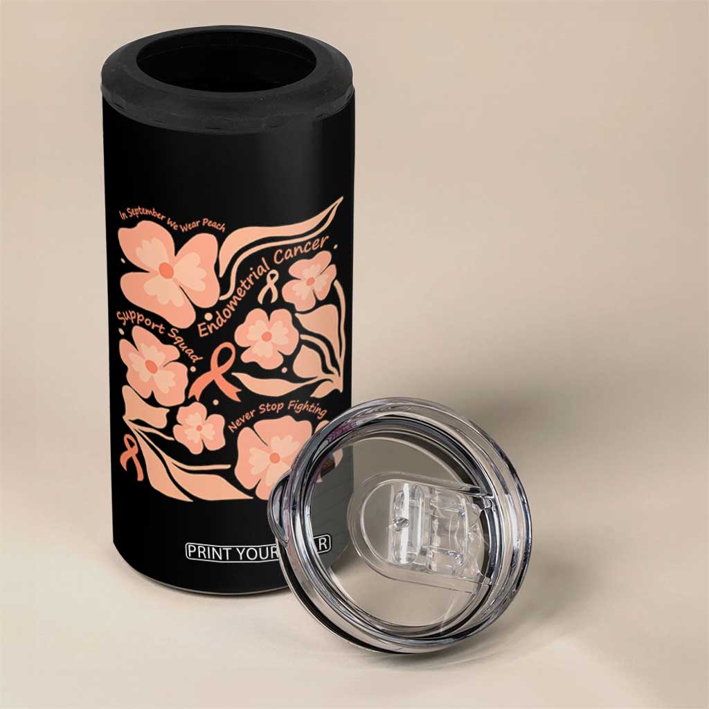 Endometrial Cancer Support Squad Floral Gift 4 in 1 Can Cooler Tumbler In September We Wear Peach