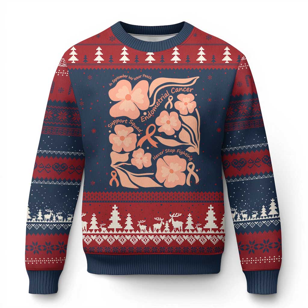 Endometrial Cancer Support Squad Floral Gift Ugly Christmas Sweater In September We Wear Peach