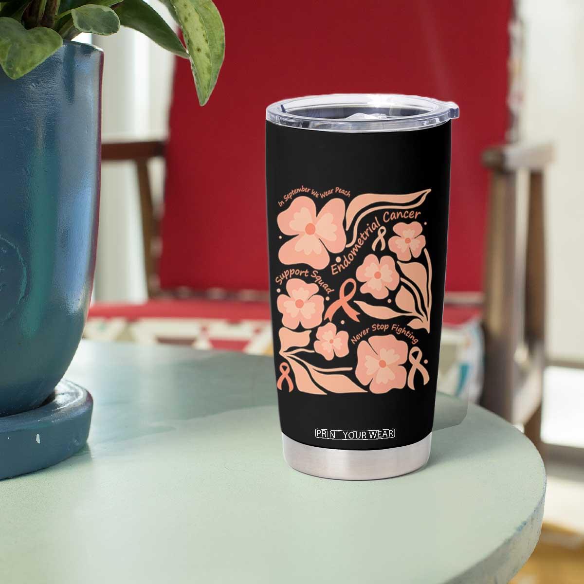 Endometrial Cancer Support Squad Floral Gift Tumbler Cup In September We Wear Peach
