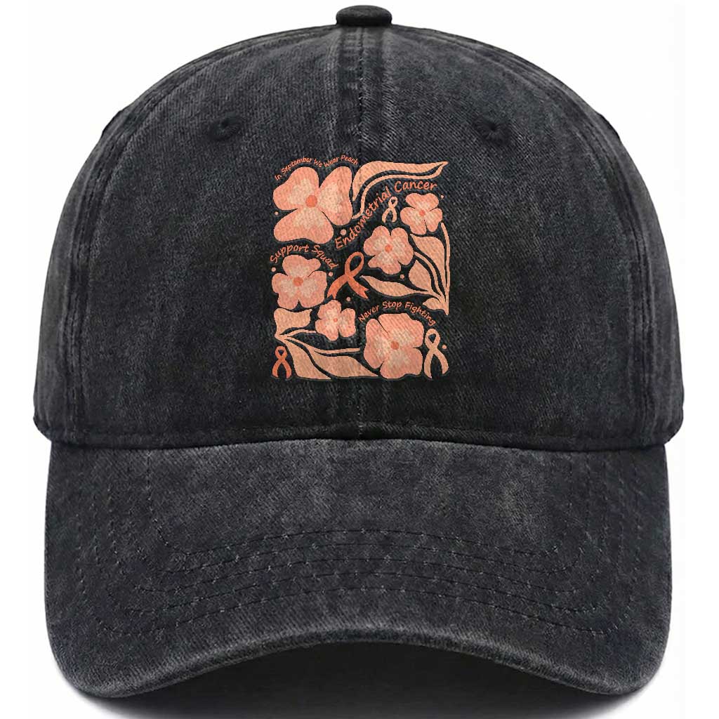 Endometrial Cancer Support Squad Floral Gift Washed Cotton Baseball Cap In September We Wear Peach