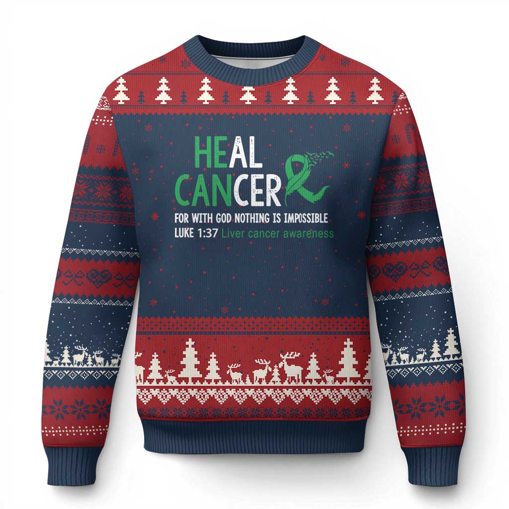 Heal Cancer Nothing Is Impossible With God Ugly Christmas Sweater Liver Cancer Support Gift TS12 Navy Red Print Your Wear
