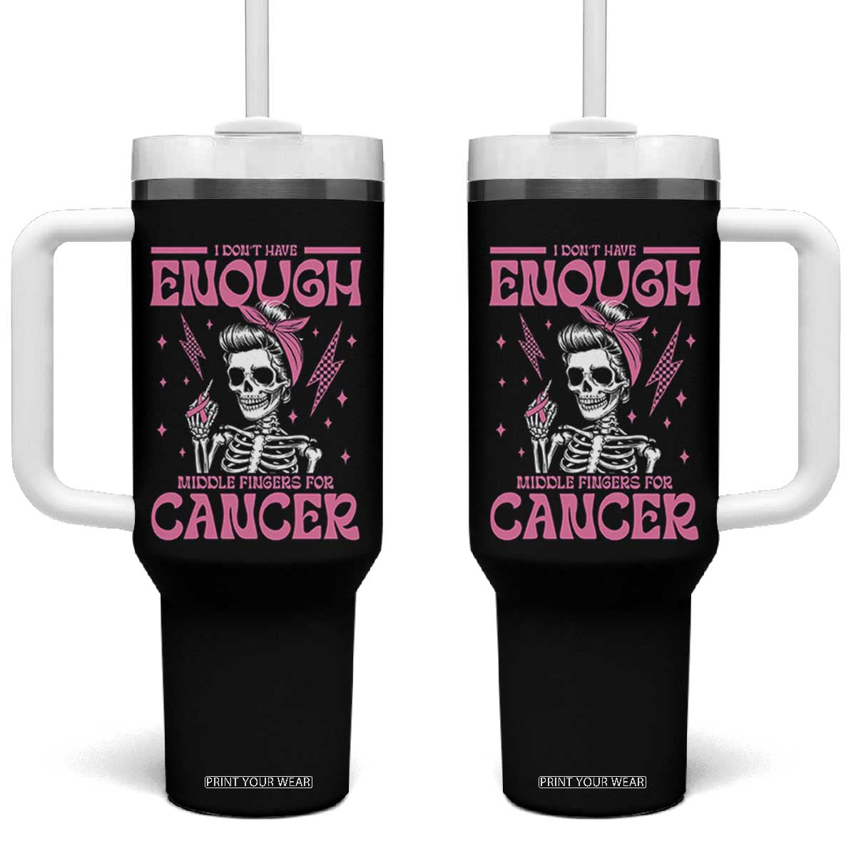 Funny Skeleton Breast Cancer Tumbler With Handle I Dont Have Enough Middle Fingers