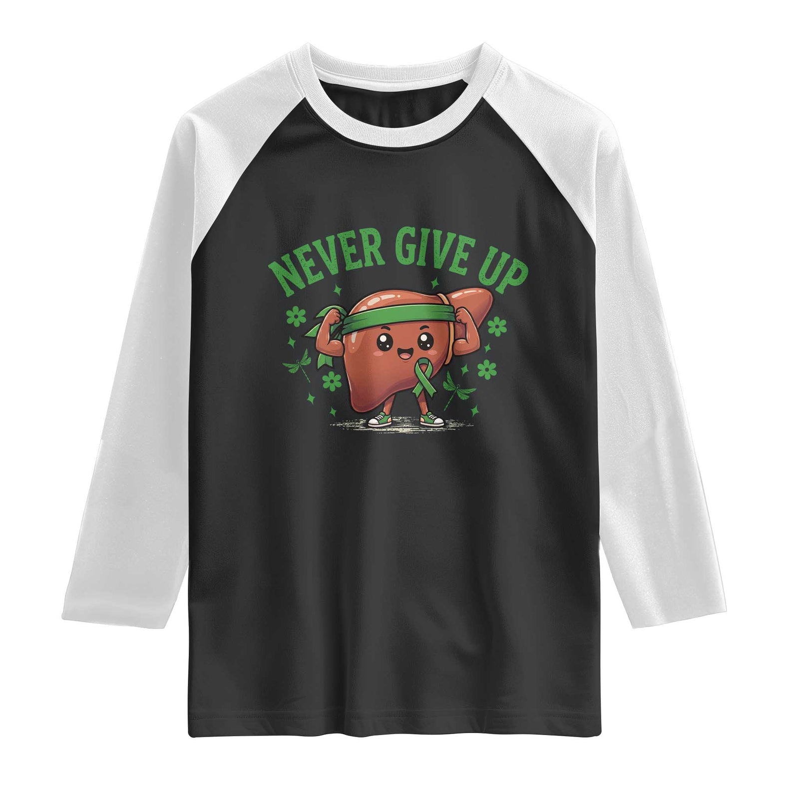 Liver Cancer Awareness Transplant Support Raglan Shirt Never Give Up Nurse Gift TS12 Black White Print Your Wear