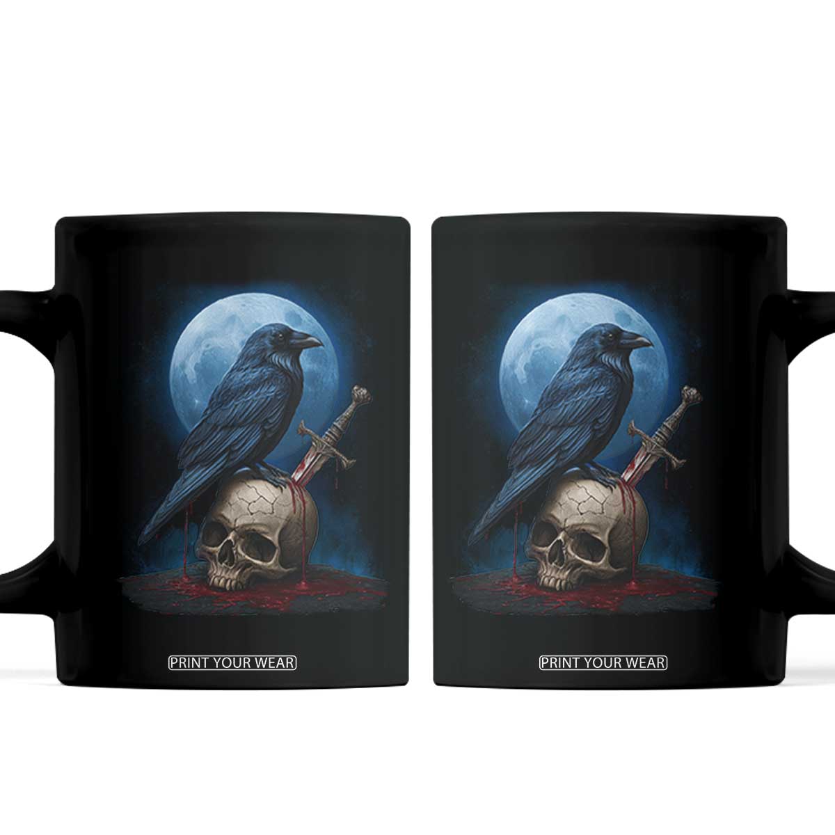 Horror Raven On Skull Coffee Mug Full Moon Gothic Art TS12 Black Print Your Wear