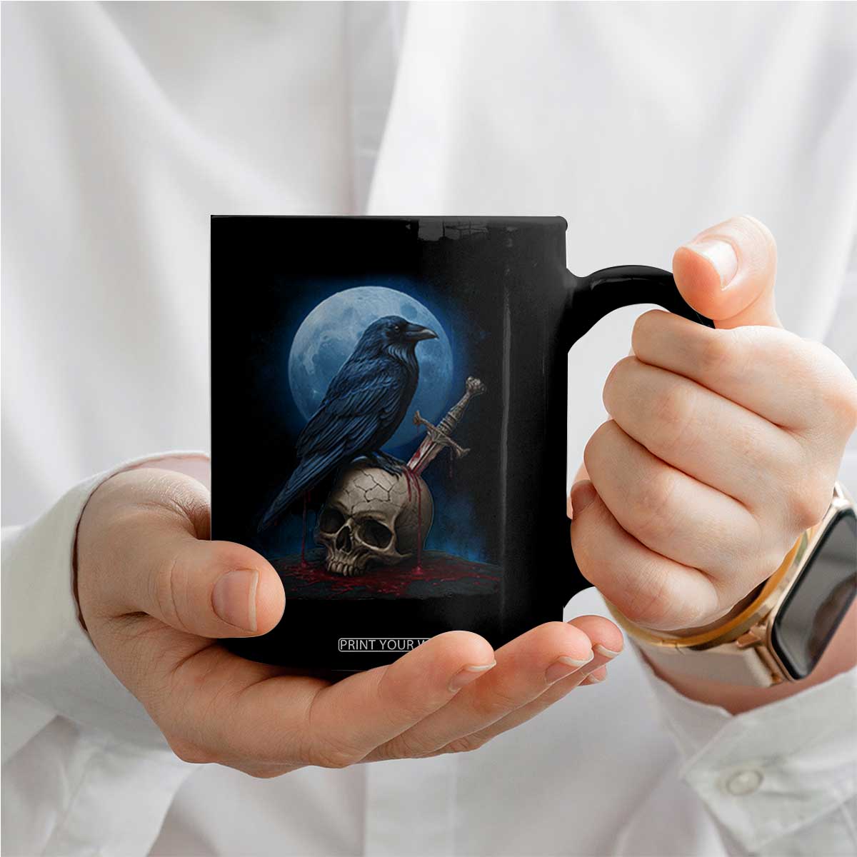 Horror Raven On Skull Coffee Mug Full Moon Gothic Art TS12 Print Your Wear