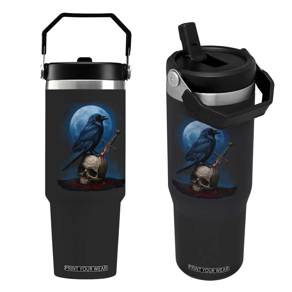 Horror Raven On Skull Flip Straw Tumbler Full Moon Gothic Art TS12 One Size: 30 oz Black Print Your Wear