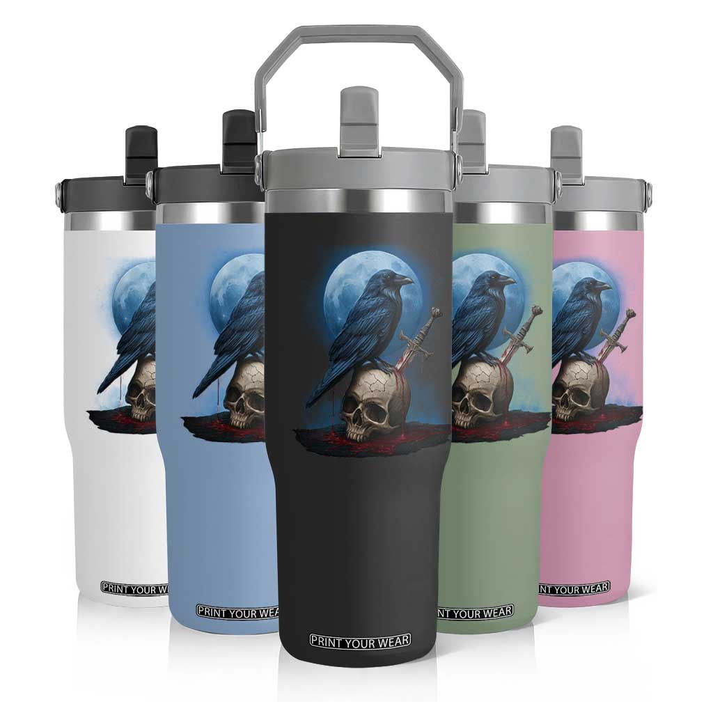 Horror Raven On Skull Flip Straw Tumbler Full Moon Gothic Art TS12 Print Your Wear