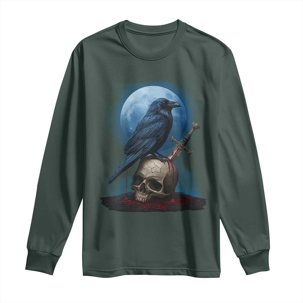 Horror Raven On Skull Long Sleeve Shirt Full Moon Gothic Art TS12 Dark Forest Green Print Your Wear