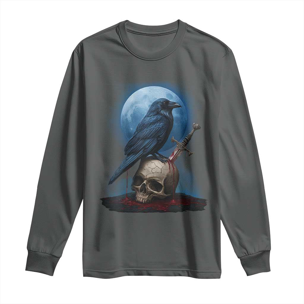 Horror Raven On Skull Long Sleeve Shirt Full Moon Gothic Art TS12 Dark Heather Print Your Wear