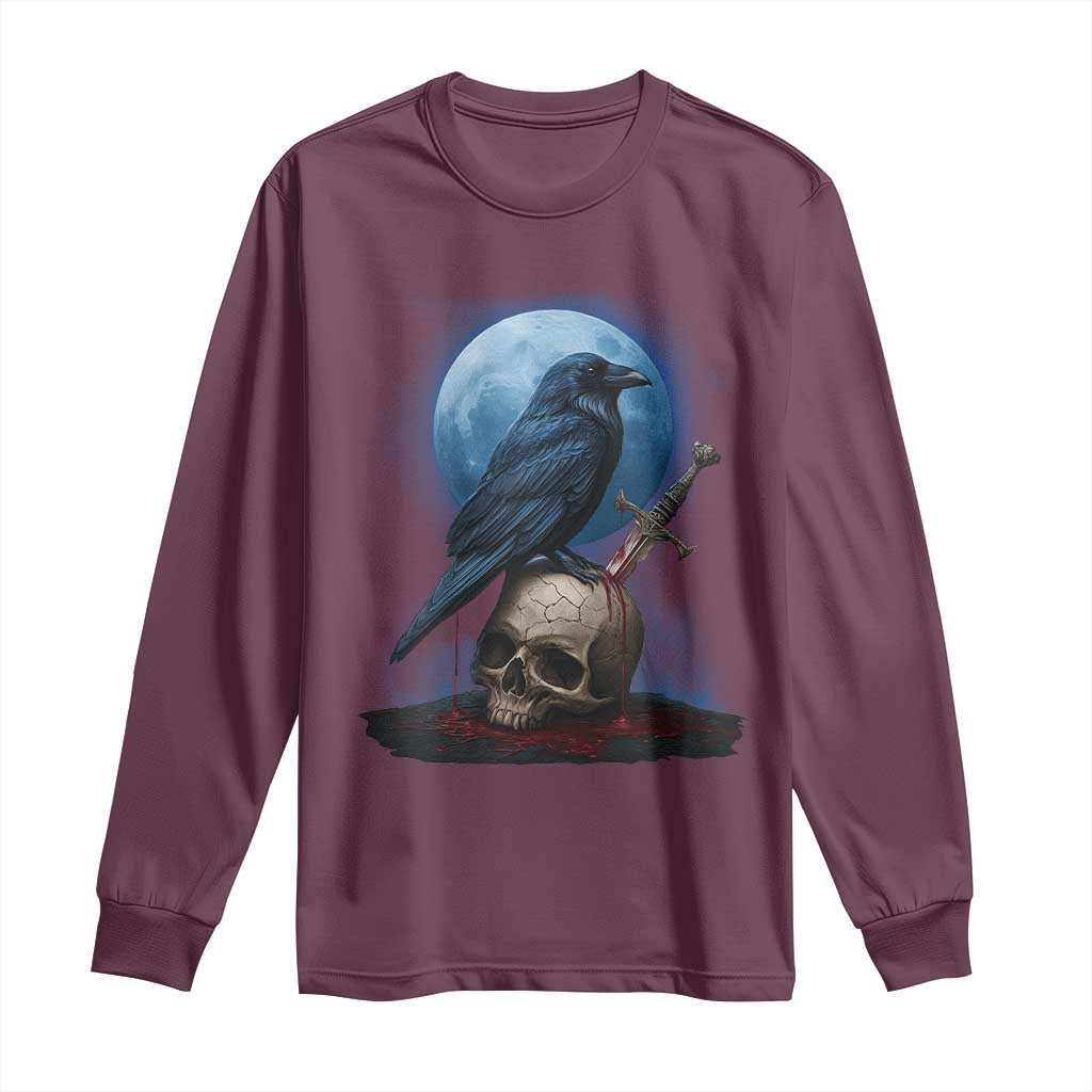 Horror Raven On Skull Long Sleeve Shirt Full Moon Gothic Art TS12 Maroon Print Your Wear