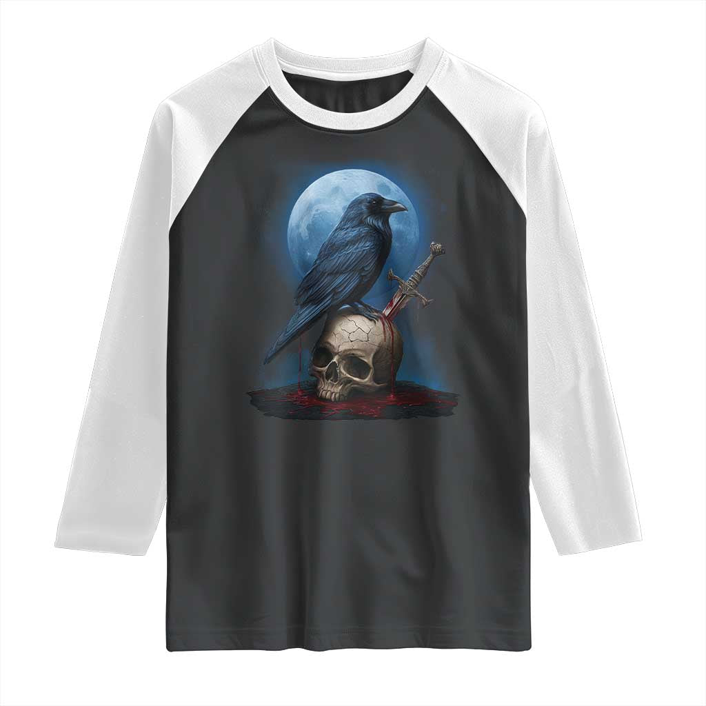 Horror Raven On Skull Raglan Shirt Full Moon Gothic Art TS12 Black White Print Your Wear