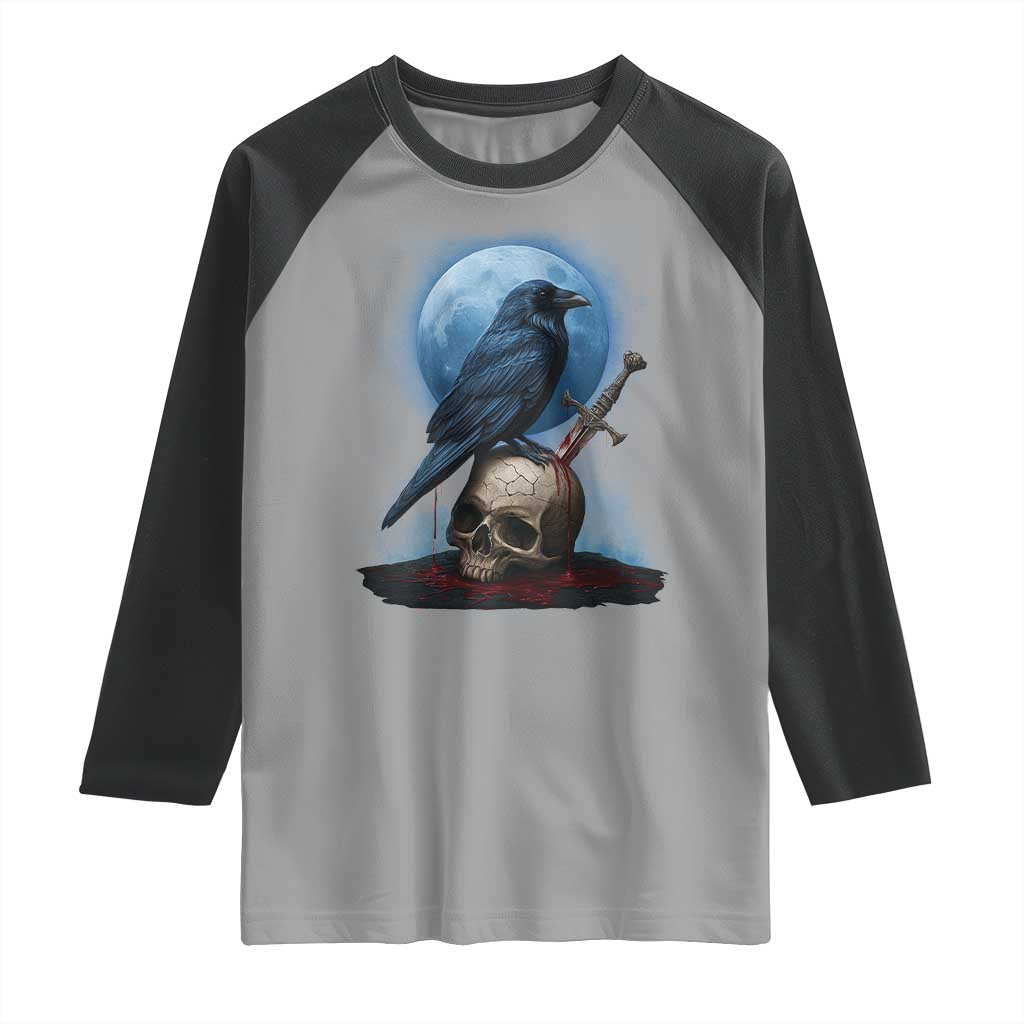 Horror Raven On Skull Raglan Shirt Full Moon Gothic Art TS12 Sport Gray Black Print Your Wear