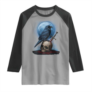 Horror Raven On Skull Raglan Shirt Full Moon Gothic Art TS12 Sport Gray Black Print Your Wear