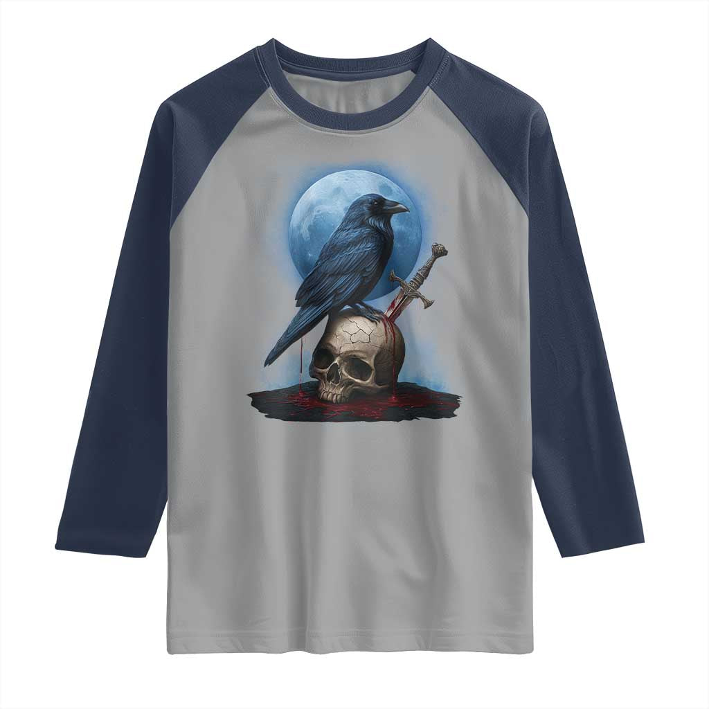 Horror Raven On Skull Raglan Shirt Full Moon Gothic Art TS12 Sport Gray Navy Print Your Wear