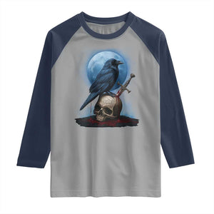 Horror Raven On Skull Raglan Shirt Full Moon Gothic Art TS12 Sport Gray Navy Print Your Wear