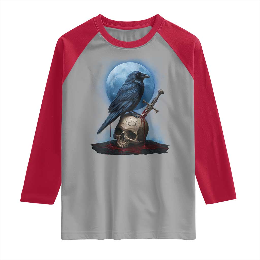 Horror Raven On Skull Raglan Shirt Full Moon Gothic Art TS12 Sport Gray Red Print Your Wear