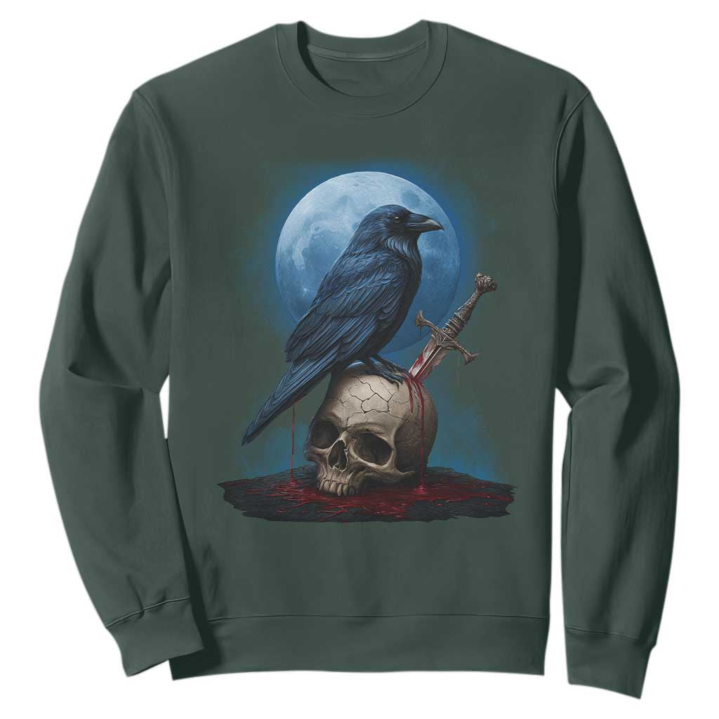 Horror Raven On Skull Sweatshirt Full Moon Gothic Art TS12 Dark Forest Green Print Your Wear