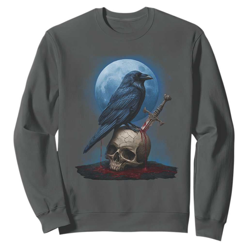Horror Raven On Skull Sweatshirt Full Moon Gothic Art TS12 Dark Heather Print Your Wear