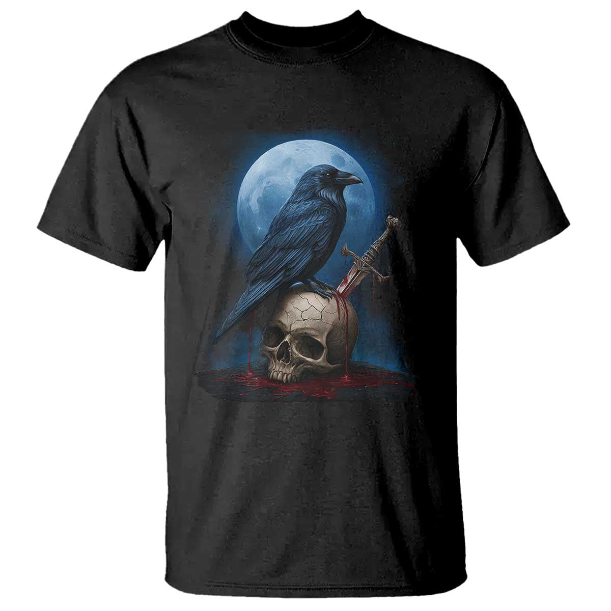 Horror Raven On Skull T Shirt Full Moon Gothic Art TS12 Black Print Your Wear