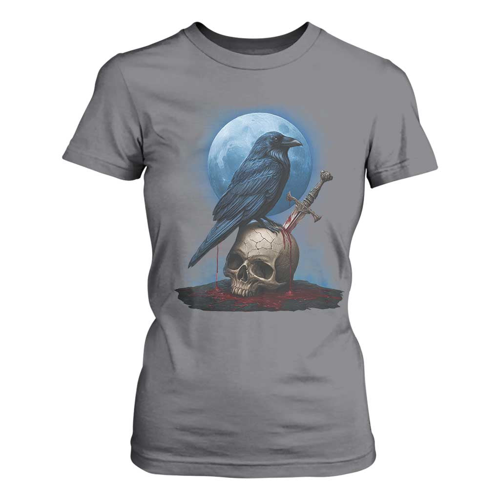 Horror Raven On Skull T Shirt For Women Full Moon Gothic Art TS12 Charcoal Print Your Wear