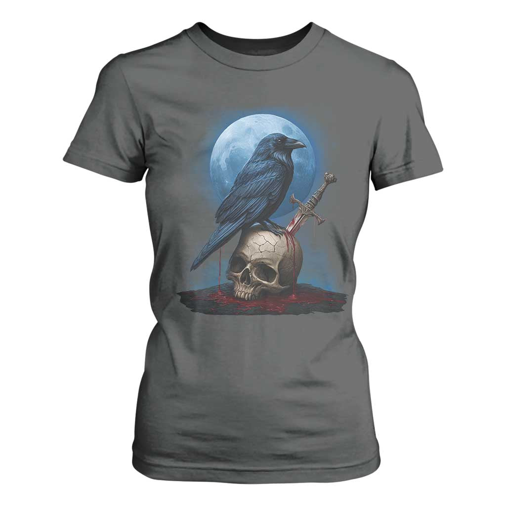Horror Raven On Skull T Shirt For Women Full Moon Gothic Art TS12 Dark Heather Print Your Wear