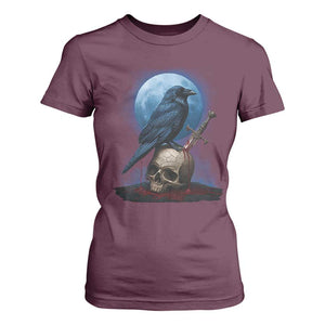 Horror Raven On Skull T Shirt For Women Full Moon Gothic Art TS12 Maroon Print Your Wear