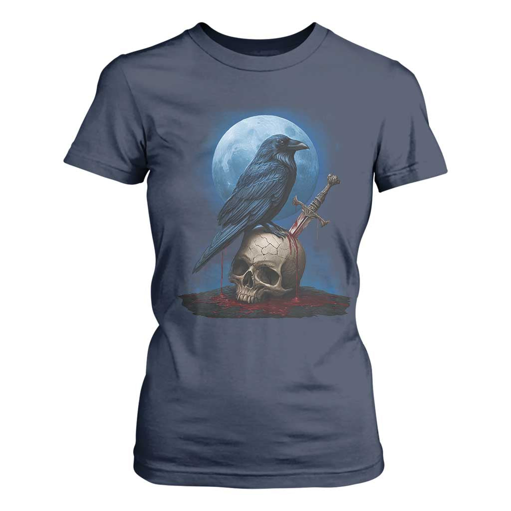 Horror Raven On Skull T Shirt For Women Full Moon Gothic Art TS12 Navy Print Your Wear