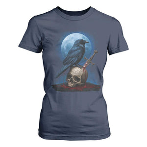 Horror Raven On Skull T Shirt For Women Full Moon Gothic Art TS12 Navy Print Your Wear