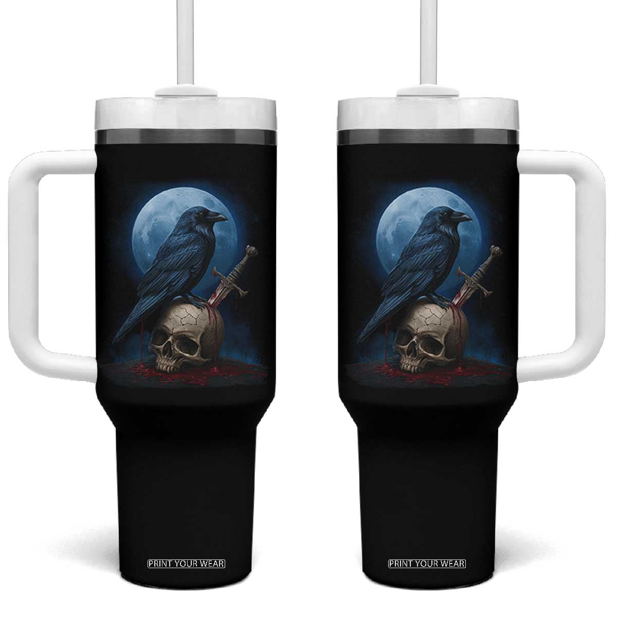 Horror Raven On Skull Tumbler With Handle Full Moon Gothic Art TS12 One Size: 40 oz Black Print Your Wear