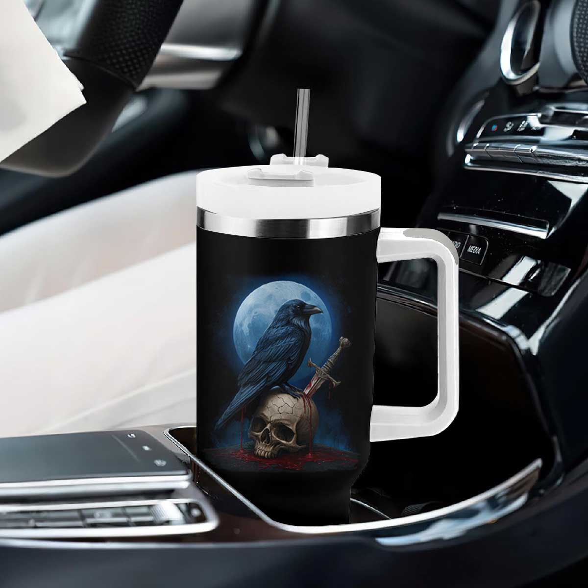 Horror Raven On Skull Tumbler With Handle Full Moon Gothic Art TS12 Print Your Wear