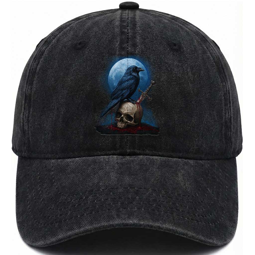 Horror Raven On Skull Washed Cotton Baseball Cap Full Moon Gothic Art TS12 Print Your Wear