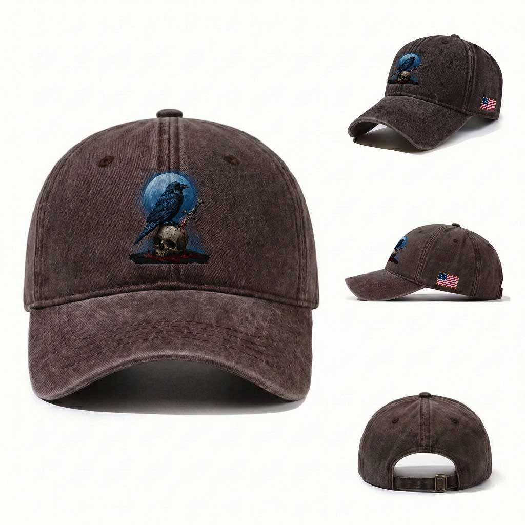 Horror Raven On Skull Washed Cotton Baseball Cap Full Moon Gothic Art TS12 Washed Cap Universal Fit Dark Brown Print Your Wear