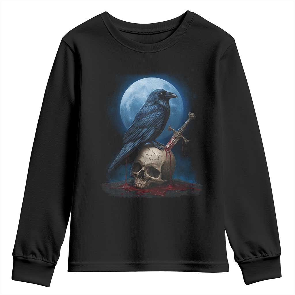 Horror Raven On Skull Youth Sweatshirt Full Moon Gothic Art TS12 Black Print Your Wear