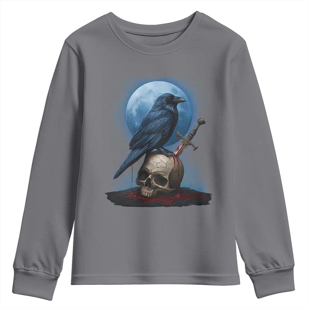 Horror Raven On Skull Youth Sweatshirt Full Moon Gothic Art TS12 Charcoal Print Your Wear