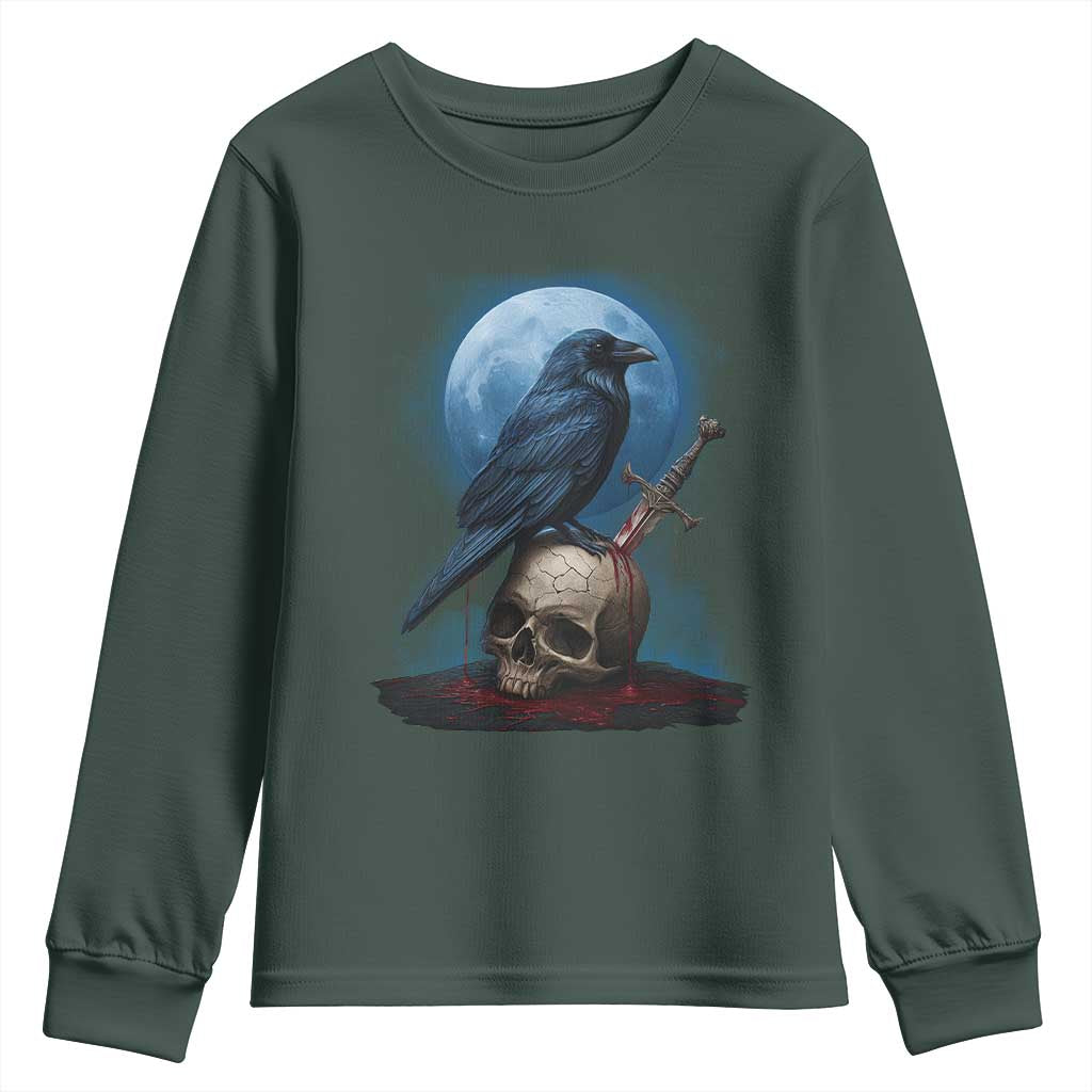 Horror Raven On Skull Youth Sweatshirt Full Moon Gothic Art TS12 Dark Forest Green Print Your Wear