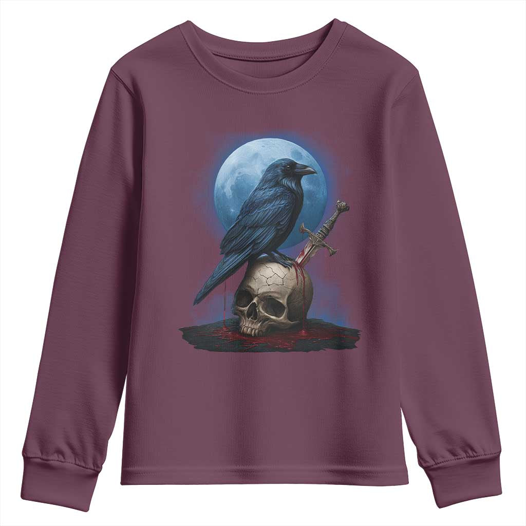 Horror Raven On Skull Youth Sweatshirt Full Moon Gothic Art TS12 Maroon Print Your Wear