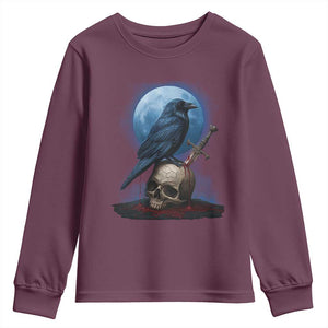 Horror Raven On Skull Youth Sweatshirt Full Moon Gothic Art TS12 Maroon Print Your Wear