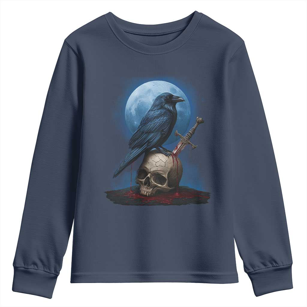 Horror Raven On Skull Youth Sweatshirt Full Moon Gothic Art TS12 Navy Print Your Wear