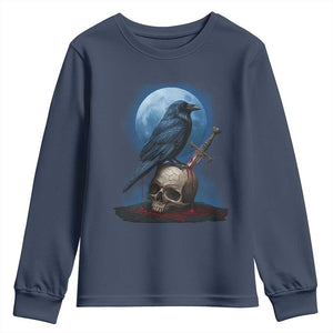Horror Raven On Skull Youth Sweatshirt Full Moon Gothic Art TS12 Navy Print Your Wear