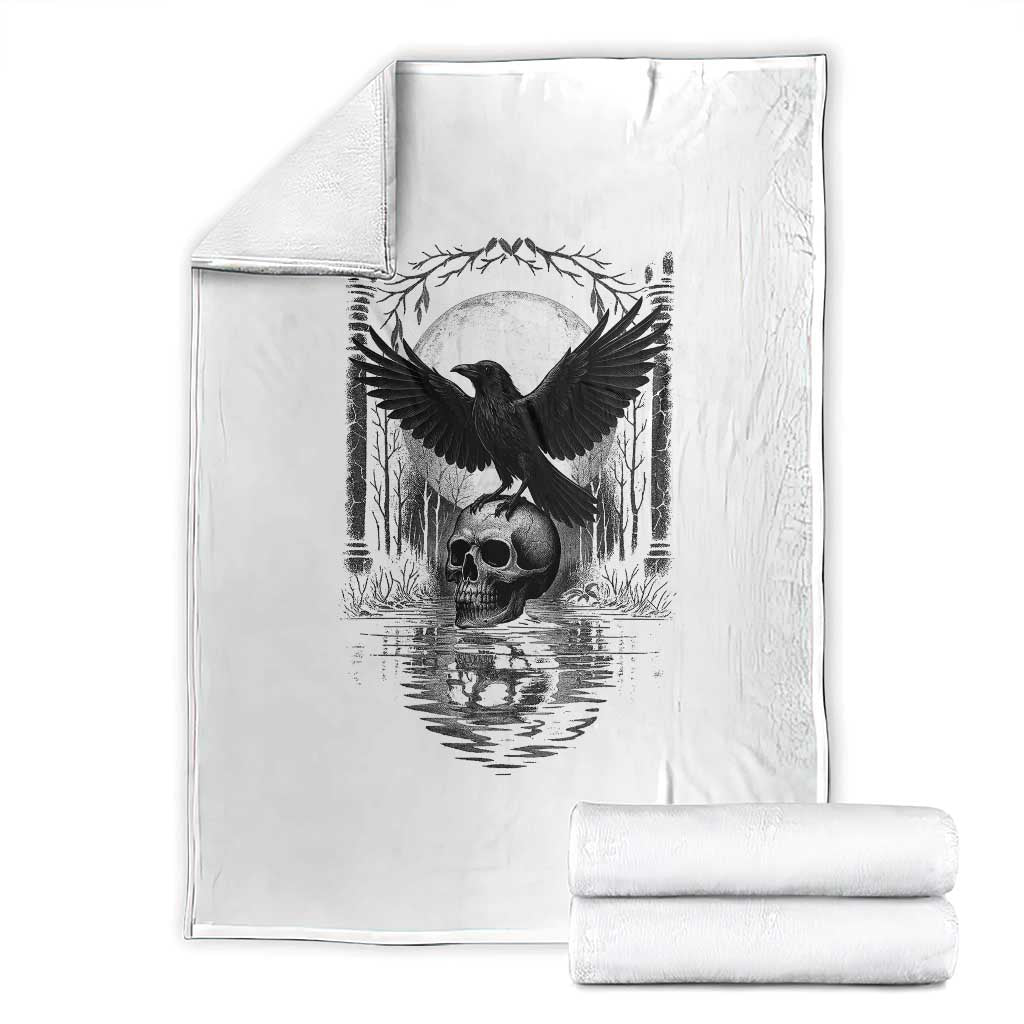 Gothic Raven On Skull With Full Moon Throw Blanket TS12 White Print Your Wear