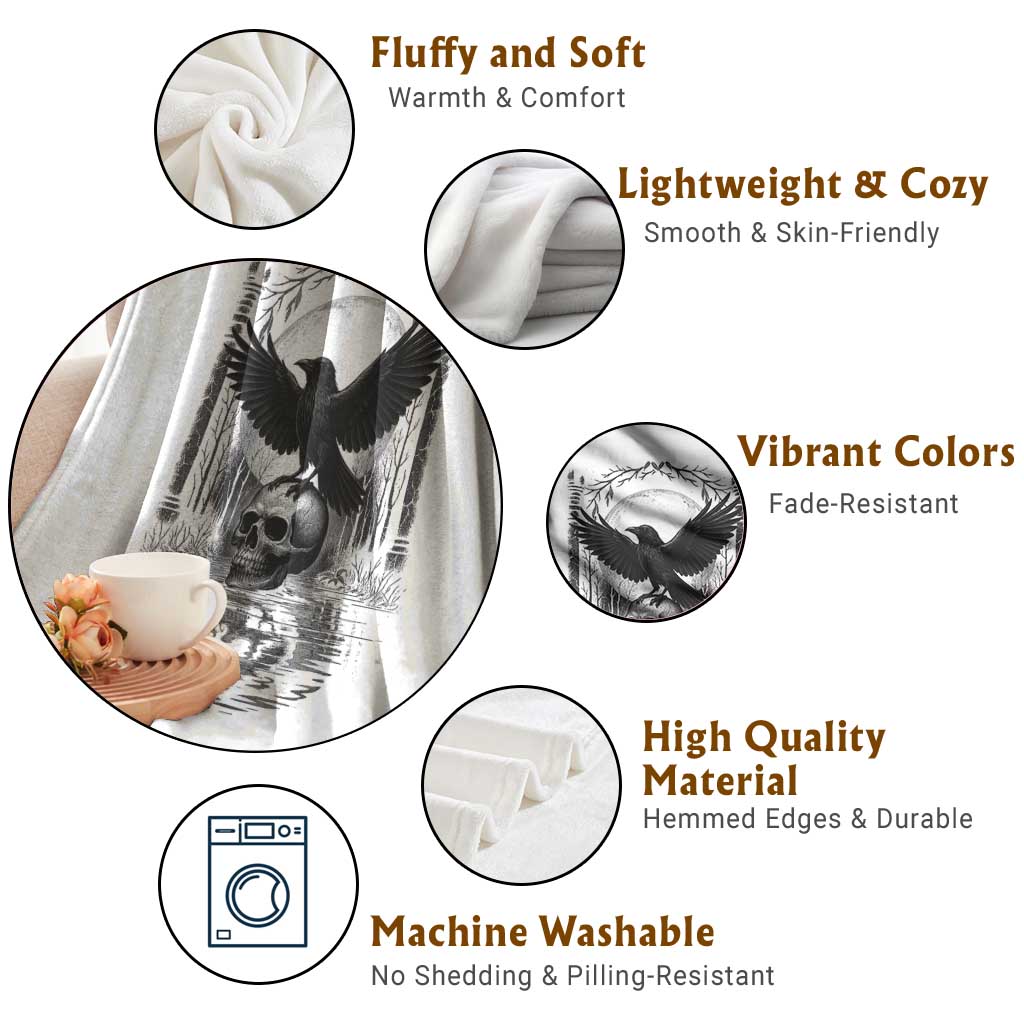 Gothic Raven On Skull With Full Moon Throw Blanket TS12 Print Your Wear