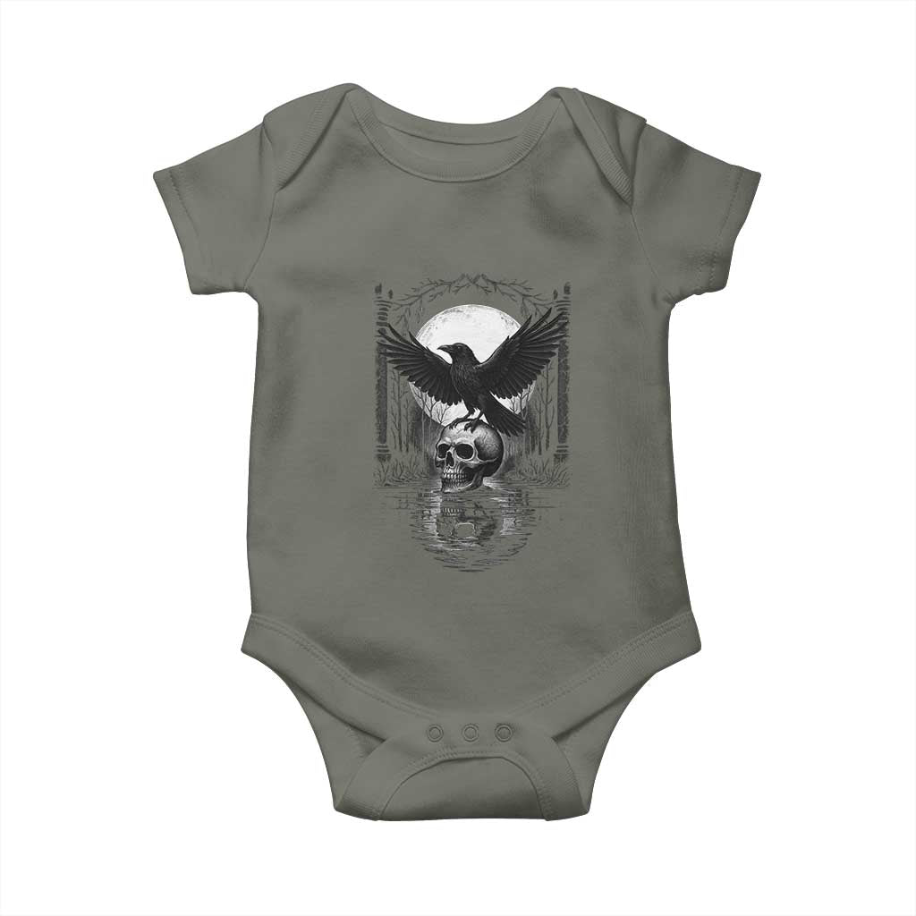 Gothic Raven On Skull With Full Moon Baby Onesie TS12 Military Green Print Your Wear