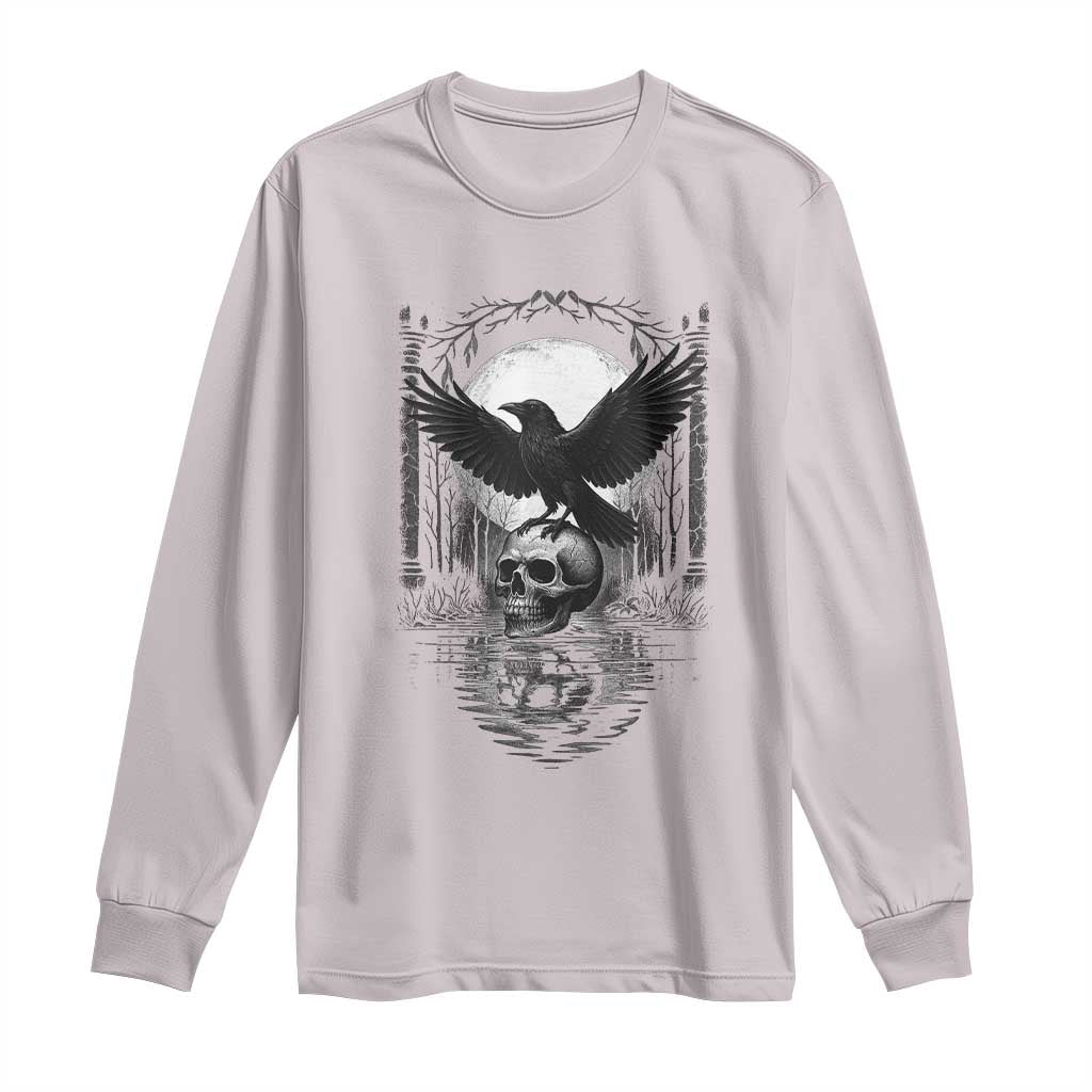 Gothic Raven On Skull With Full Moon Long Sleeve Shirt TS12 Ice Gray Print Your Wear