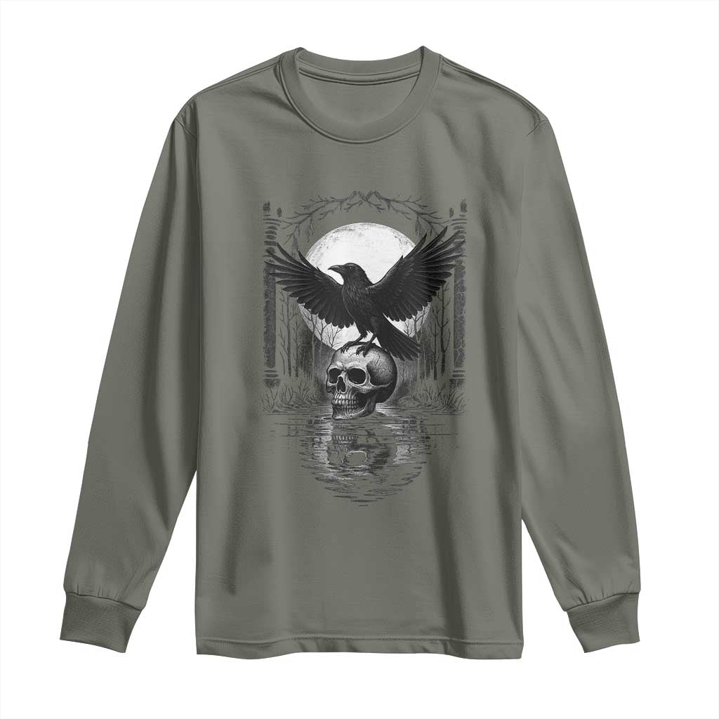 Gothic Raven On Skull With Full Moon Long Sleeve Shirt TS12 Military Green Print Your Wear